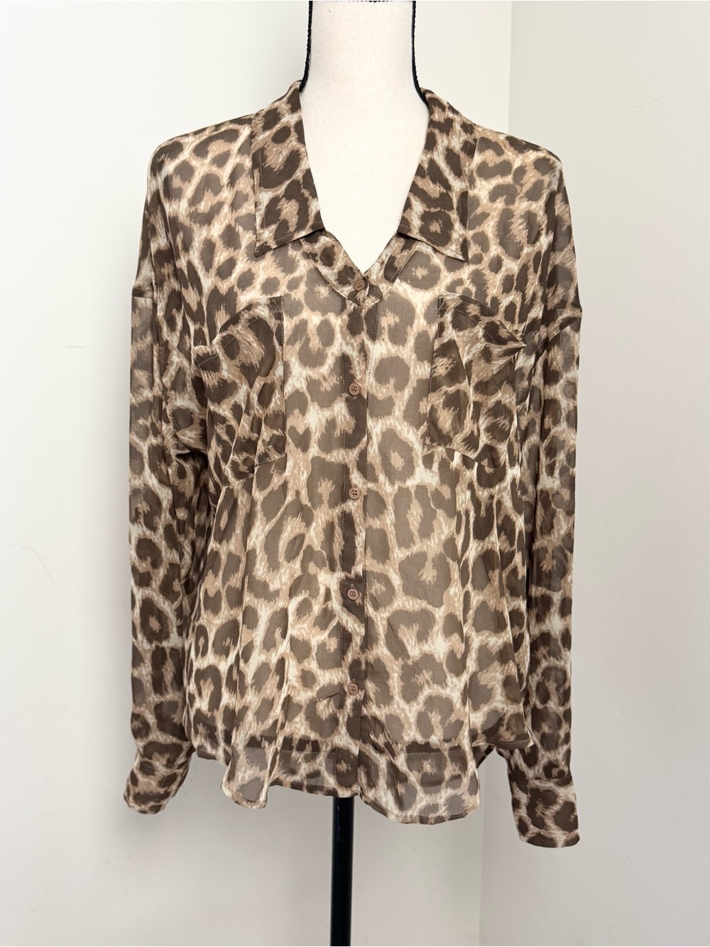 Free People Leopard Print Sheer Womens M Button Down Shirt Boho Neutral Flowy